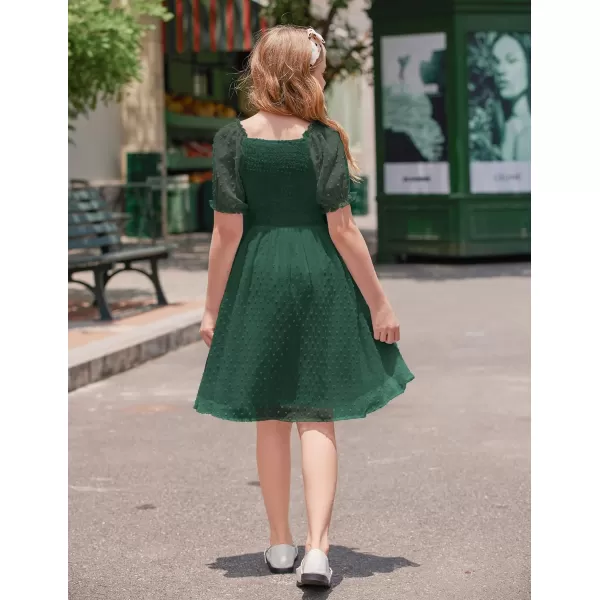 Arshiner Girls Swiss Dot Chiffon Dress Puffy Sleeve Square Neck Smocked Flowy Midi Dresses 5-14 Years
