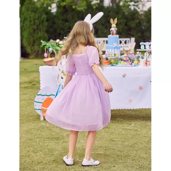 Arshiner Girls Swiss Dot Chiffon Dress Puffy Sleeve Square Neck Smocked Flowy Midi Dresses 5-14 Years