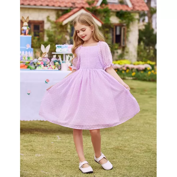 Arshiner Girls Swiss Dot Chiffon Dress Puffy Sleeve Square Neck Smocked Flowy Midi Dresses 5-14 Years