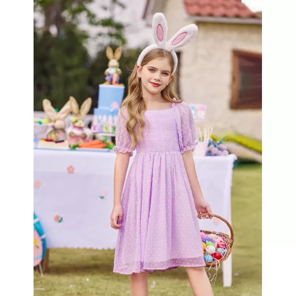 Arshiner Girls Swiss Dot Chiffon Dress Puffy Sleeve Square Neck Smocked Flowy Midi Dresses 5-14 Years