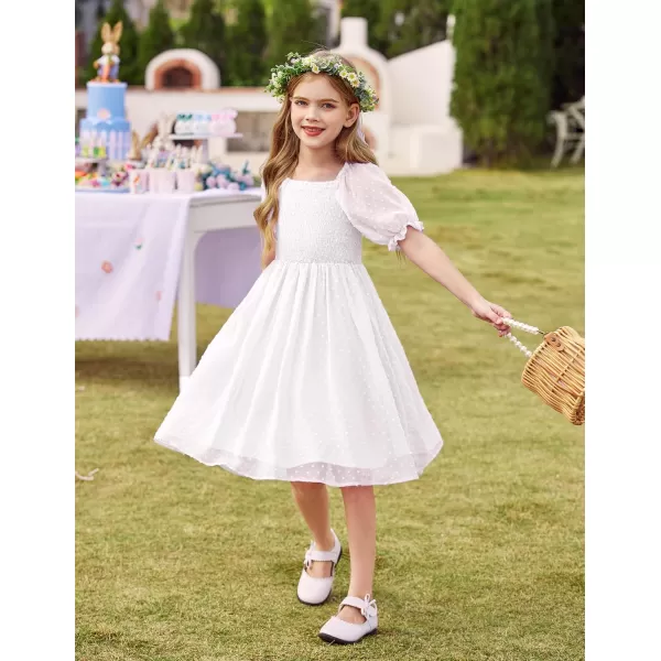 Arshiner Girls Swiss Dot Chiffon Dress Puffy Sleeve Square Neck Smocked Flowy Midi Dresses 5-14 Years