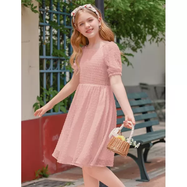 Arshiner Girls Swiss Dot Chiffon Dress Puffy Sleeve Square Neck Smocked Flowy Midi Dresses 5-14 Years