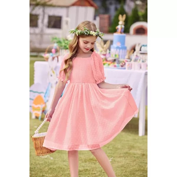 Arshiner Girls Swiss Dot Chiffon Dress Puffy Sleeve Square Neck Smocked Flowy Midi Dresses 5-14 Years