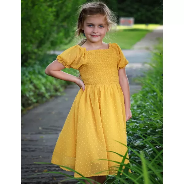 Arshiner Girls Swiss Dot Chiffon Dress Puffy Sleeve Square Neck Smocked Flowy Midi Dresses 5-14 Years