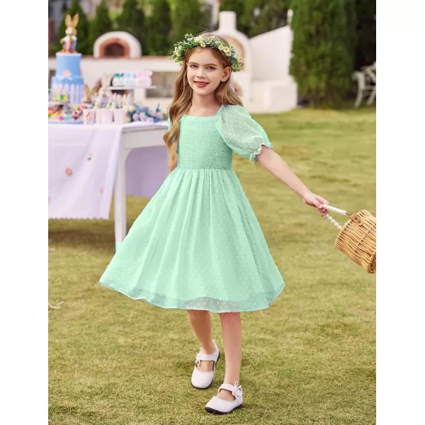 Arshiner Girls Swiss Dot Chiffon Dress Puffy Sleeve Square Neck Smocked Flowy Midi Dresses 5-14 Years