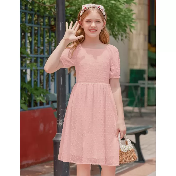 Arshiner Girls Swiss Dot Chiffon Dress Puffy Sleeve Square Neck Smocked Flowy Midi Dresses 5-14 Years