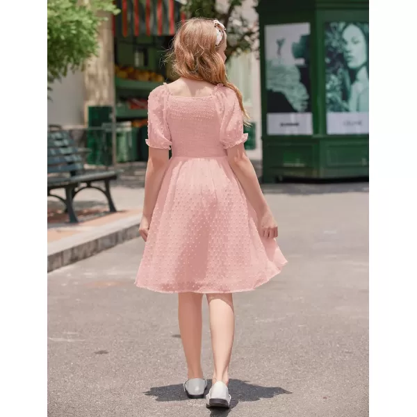 Arshiner Girls Swiss Dot Chiffon Dress Puffy Sleeve Square Neck Smocked Flowy Midi Dresses 5-14 Years