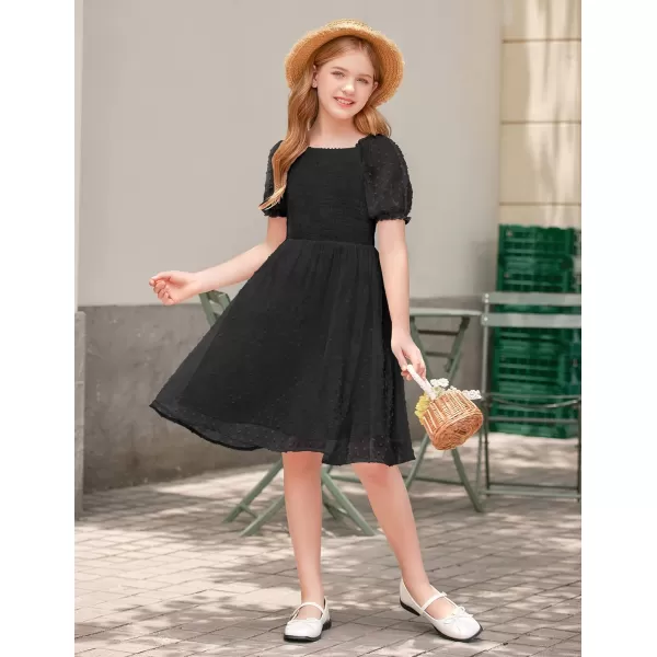 Arshiner Girls Swiss Dot Chiffon Dress Puffy Sleeve Square Neck Smocked Flowy Midi Dresses 5-14 Years