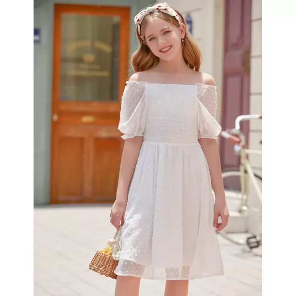 Arshiner Girls Swiss Dot Chiffon Dress Puffy Sleeve Square Neck Smocked Flowy Midi Dresses 5-14 Years