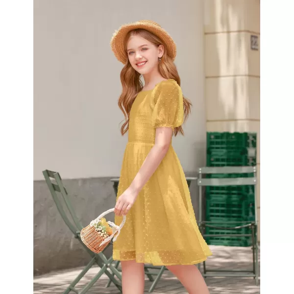 Arshiner Girls Swiss Dot Chiffon Dress Puffy Sleeve Square Neck Smocked Flowy Midi Dresses 5-14 Years