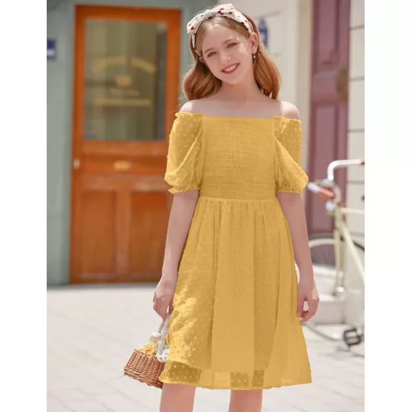 Arshiner Girls Swiss Dot Chiffon Dress Puffy Sleeve Square Neck Smocked Flowy Midi Dresses 5-14 Years