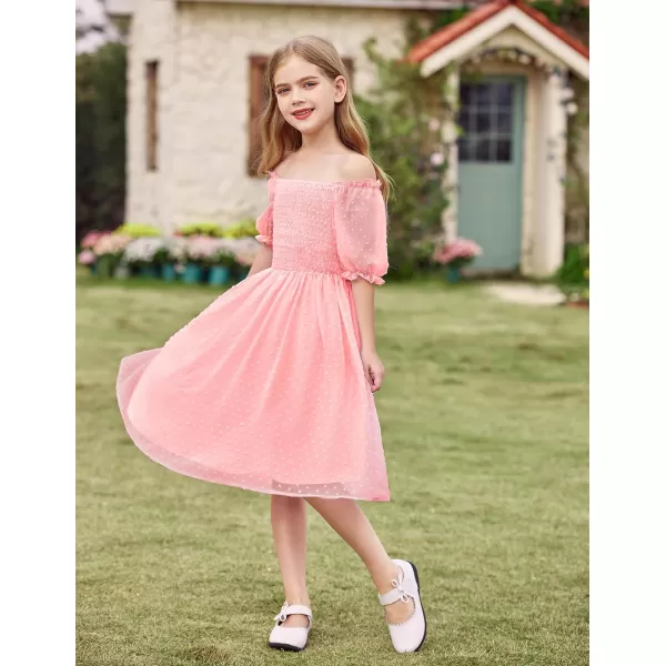 Arshiner Girls Swiss Dot Chiffon Dress Puffy Sleeve Square Neck Smocked Flowy Midi Dresses 5-14 Years