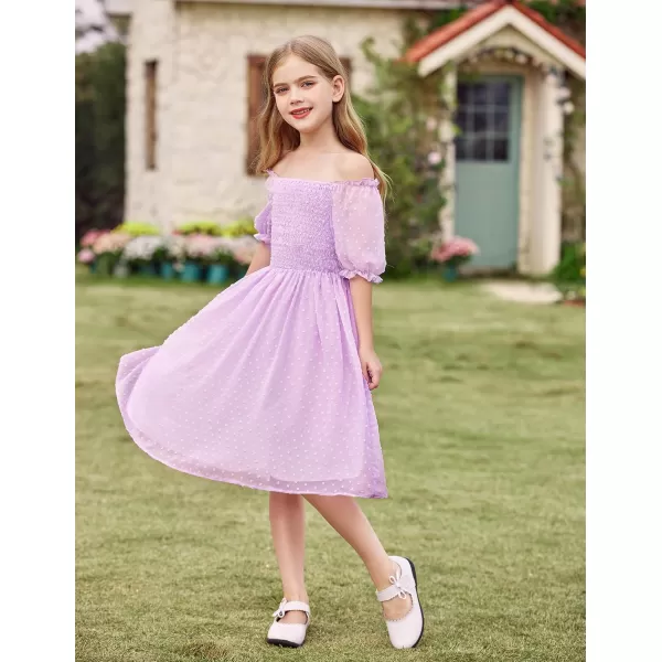 Arshiner Girls Swiss Dot Chiffon Dress Puffy Sleeve Square Neck Smocked Flowy Midi Dresses 5-14 Years