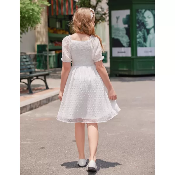 Arshiner Girls Swiss Dot Chiffon Dress Puffy Sleeve Square Neck Smocked Flowy Midi Dresses 5-14 Years