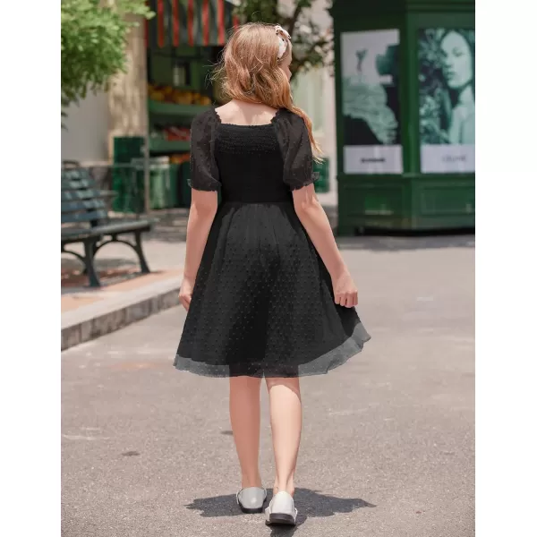 Arshiner Girls Swiss Dot Chiffon Dress Puffy Sleeve Square Neck Smocked Flowy Midi Dresses 5-14 Years