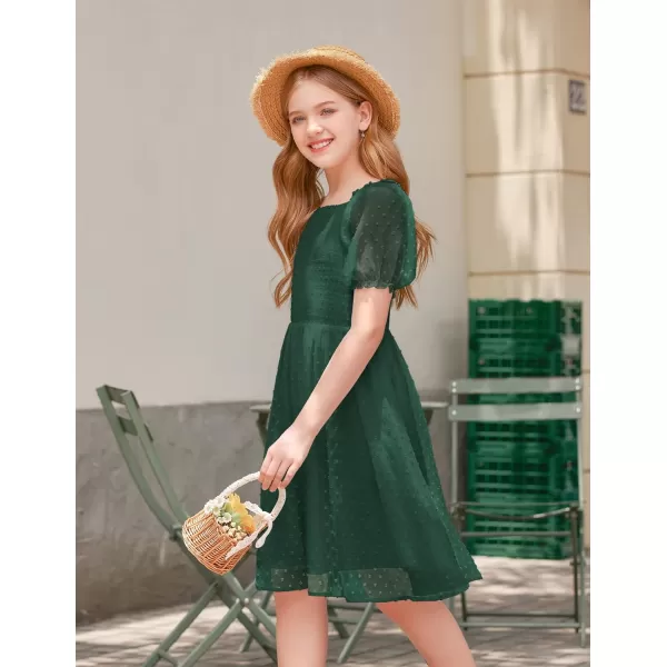 Arshiner Girls Swiss Dot Chiffon Dress Puffy Sleeve Square Neck Smocked Flowy Midi Dresses 5-14 Years