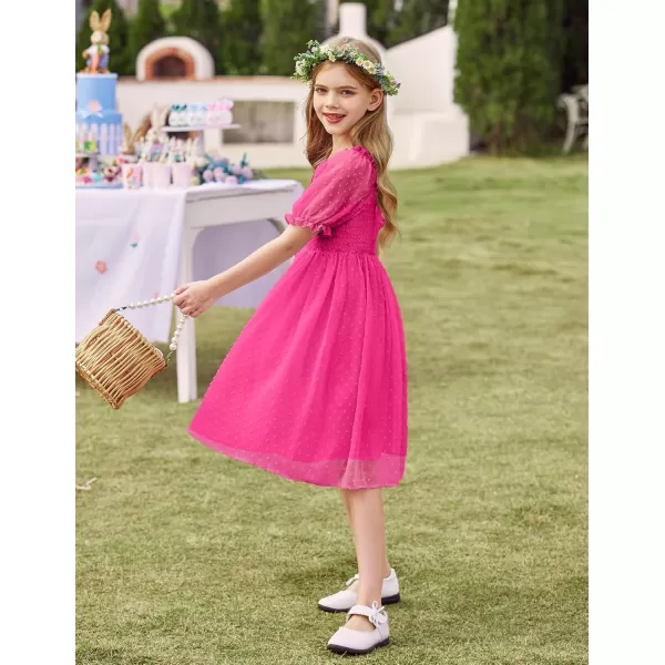 Arshiner Girls Swiss Dot Chiffon Dress Puffy Sleeve Square Neck Smocked Flowy Midi Dresses 5-14 Years