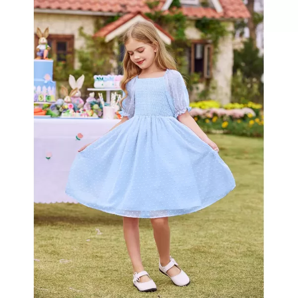 Arshiner Girls Swiss Dot Chiffon Dress Puffy Sleeve Square Neck Smocked Flowy Midi Dresses 5-14 Years