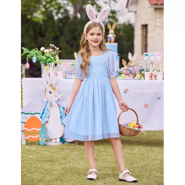 Arshiner Girls Swiss Dot Chiffon Dress Puffy Sleeve Square Neck Smocked Flowy Midi Dresses 5-14 Years