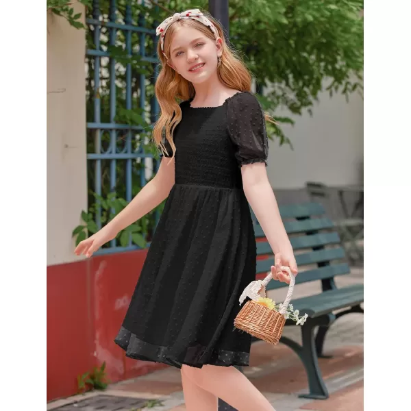 Arshiner Girls Swiss Dot Chiffon Dress Puffy Sleeve Square Neck Smocked Flowy Midi Dresses 5-14 Years
