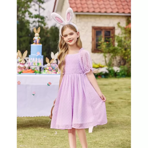 Arshiner Girls Swiss Dot Chiffon Dress Puffy Sleeve Square Neck Smocked Flowy Midi Dresses 5-14 Years