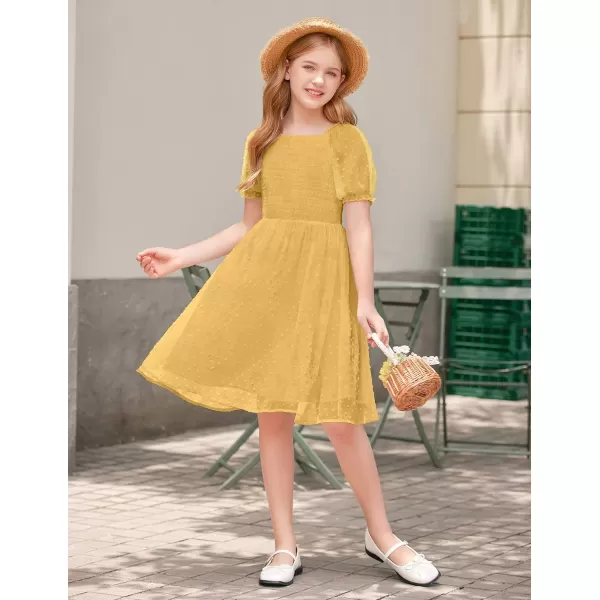 Arshiner Girls Swiss Dot Chiffon Dress Puffy Sleeve Square Neck Smocked Flowy Midi Dresses 5-14 Years