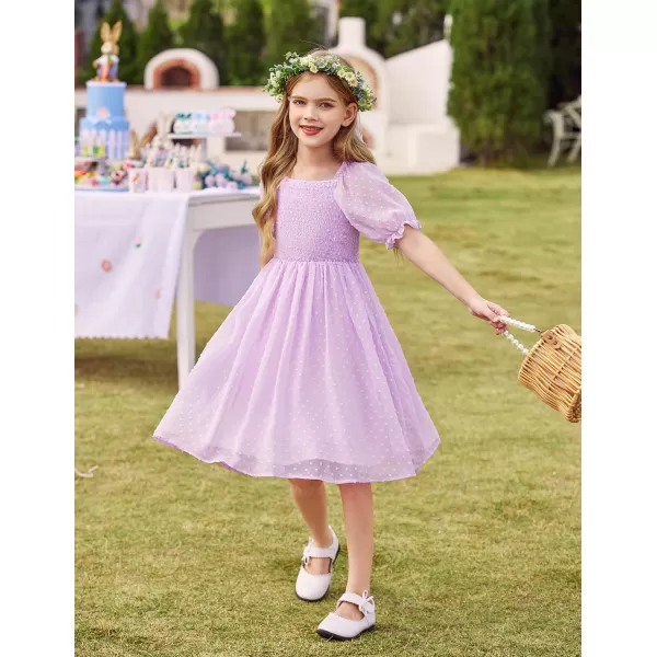 Arshiner Girls Swiss Dot Chiffon Dress Puffy Sleeve Square Neck Smocked Flowy Midi Dresses 5-14 Years