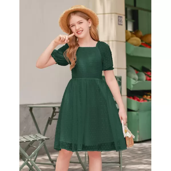 Arshiner Girls Swiss Dot Chiffon Dress Puffy Sleeve Square Neck Smocked Flowy Midi Dresses 5-14 Years