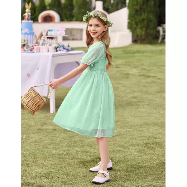 Arshiner Girls Swiss Dot Chiffon Dress Puffy Sleeve Square Neck Smocked Flowy Midi Dresses 5-14 Years