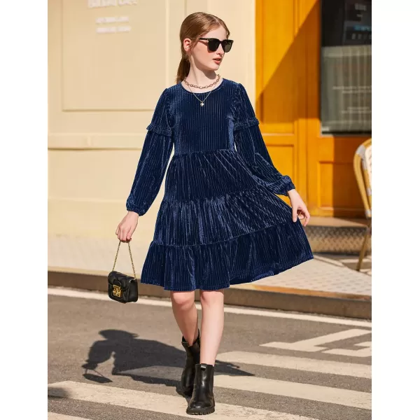 Arshiner Girls Velvet Tiered Dress Long Sleeve Crew Neck Elegant Tween Twirly Dresses for 6-13 Years