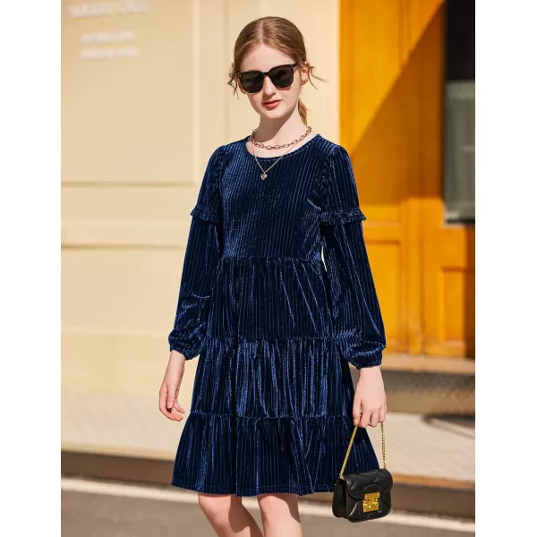 Arshiner Girls Velvet Tiered Dress Long Sleeve Crew Neck Elegant Tween Twirly Dresses for 6-13 Years