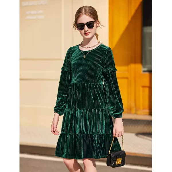 Arshiner Girls Velvet Tiered Dress Long Sleeve Crew Neck Elegant Tween Twirly Dresses for 6-13 Years