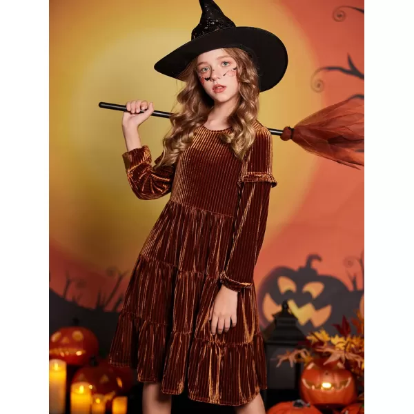 Arshiner Girls Velvet Tiered Dress Long Sleeve Crew Neck Elegant Tween Twirly Dresses for 6-13 Years