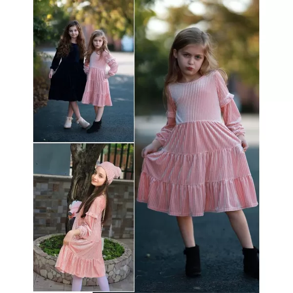 Arshiner Girls Velvet Tiered Dress Long Sleeve Crew Neck Elegant Tween Twirly Dresses for 6-13 Years
