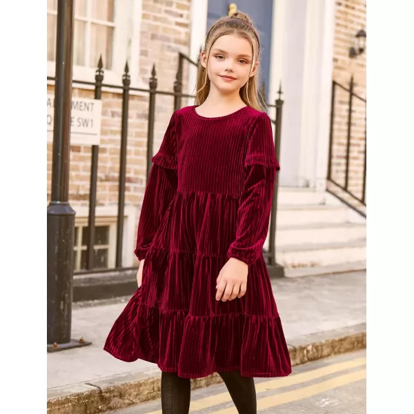 Arshiner Girls Velvet Tiered Dress Long Sleeve Crew Neck Elegant Tween Twirly Dresses for 6-13 Years