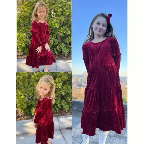 Arshiner Girls Velvet Tiered Dress Long Sleeve Crew Neck Elegant Tween Twirly Dresses for 6-13 Years