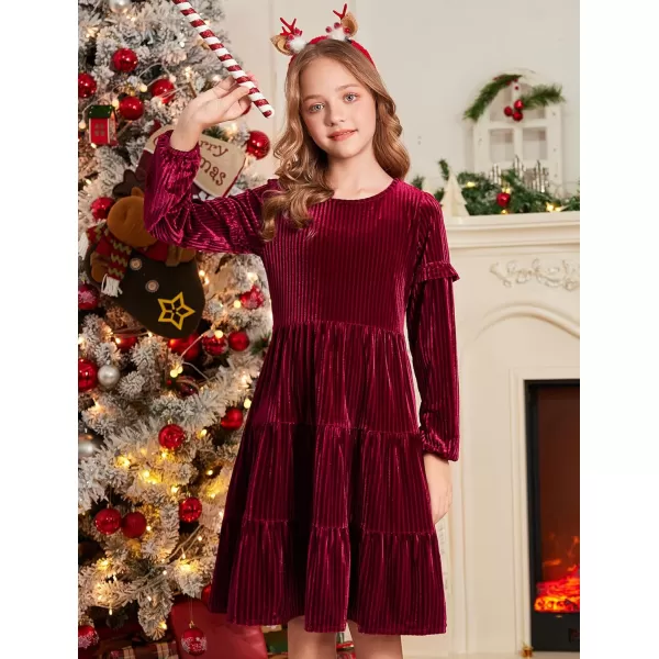 Arshiner Girls Velvet Tiered Dress Long Sleeve Crew Neck Elegant Tween Twirly Dresses for 6-13 Years