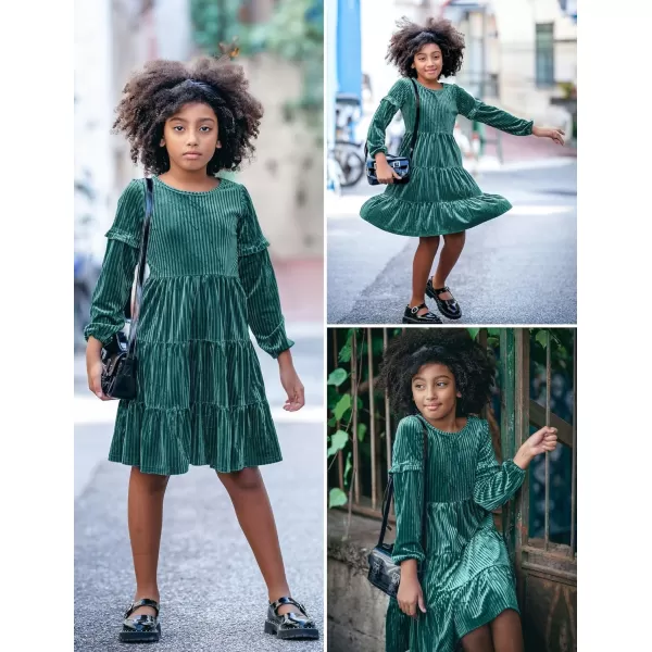 Arshiner Girls Velvet Tiered Dress Long Sleeve Crew Neck Elegant Tween Twirly Dresses for 6-13 Years