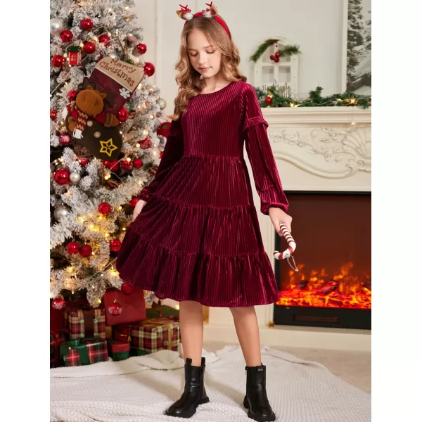 Arshiner Girls Velvet Tiered Dress Long Sleeve Crew Neck Elegant Tween Twirly Dresses for 6-13 Years