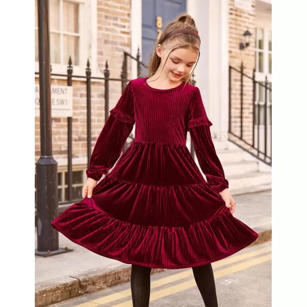 Arshiner Girls Velvet Tiered Dress Long Sleeve Crew Neck Elegant Tween Twirly Dresses for 6-13 Years