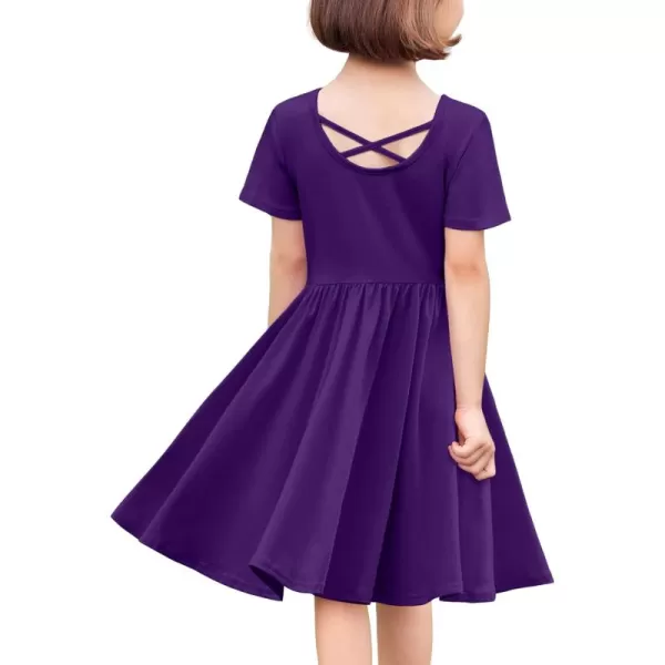 Arshiner Girls Dress Short Sleeve Solid Summer A-line Swing Twirly Skater Casual Dresses for Kids 4-14 Years
