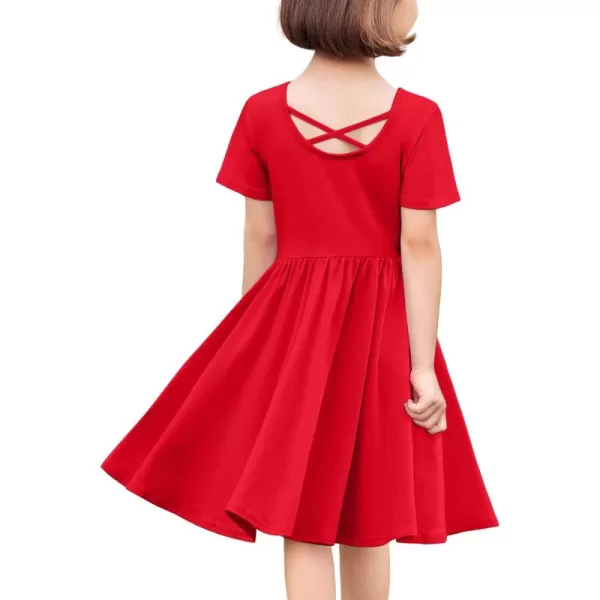 Arshiner Girls Dress Short Sleeve Solid Summer A-line Swing Twirly Skater Casual Dresses for Kids 4-14 Years