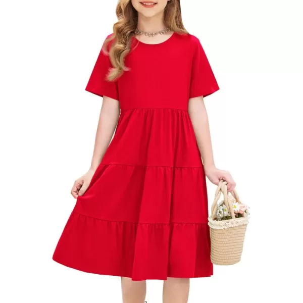 Arshiner Girls Dress Summer Short Sleeve Tiered Ruffle Casual Swing Midi A-Line Dress with Pockets