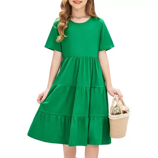 Arshiner Girls Dress Summer Short Sleeve Tiered Ruffle Casual Swing Midi A-Line Dress with Pockets
