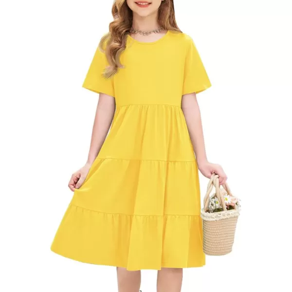 Arshiner Girls Dress Summer Short Sleeve Tiered Ruffle Casual Swing Midi A-Line Dress with Pockets