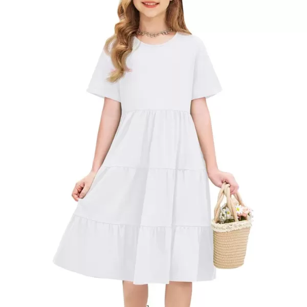 Arshiner Girls Dress Summer Short Sleeve Tiered Ruffle Casual Swing Midi A-Line Dress with Pockets