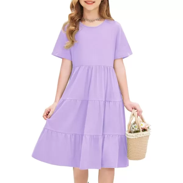 Arshiner Girls Dress Summer Short Sleeve Tiered Ruffle Casual Swing Midi A-Line Dress with Pockets