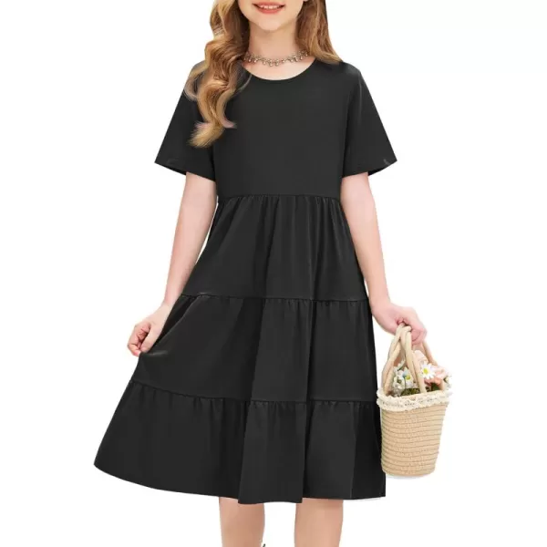 Arshiner Girls Dress Summer Short Sleeve Tiered Ruffle Casual Swing Midi A-Line Dress with Pockets