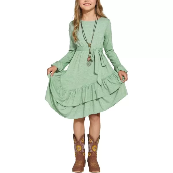 Arshiner Girls Dresses Loose Plain Casual Ruffle Swing Midi Dress with Belt for 5-14 Years