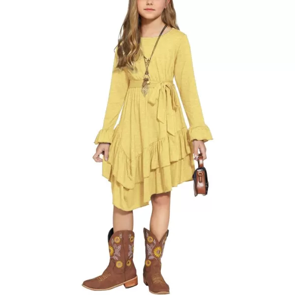 Arshiner Girls Dresses Loose Plain Casual Ruffle Swing Midi Dress with Belt for 5-14 Years